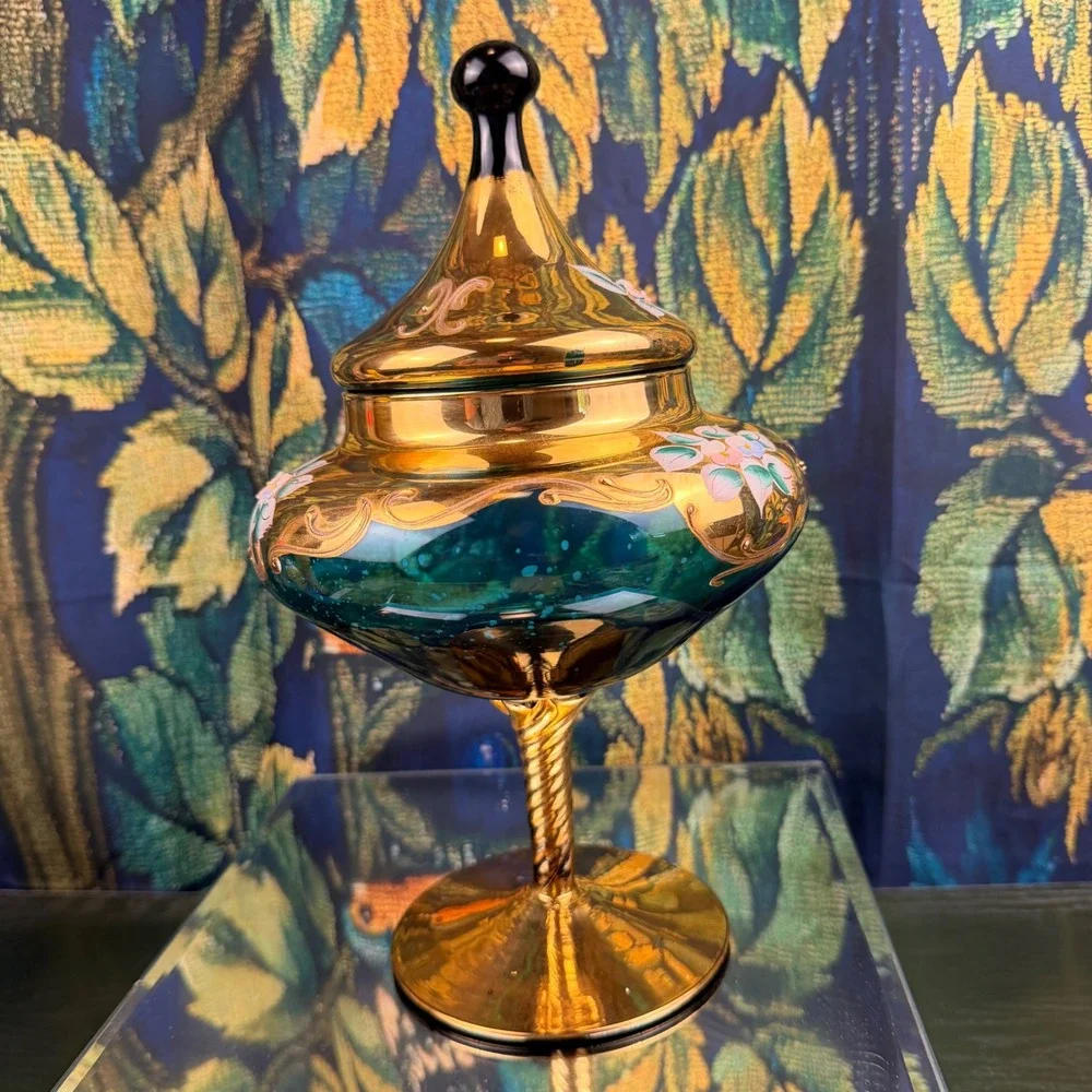 Vintage Venetian Murano Glass Compote Green Gold Hand Painted Floral‎ Candy Dish